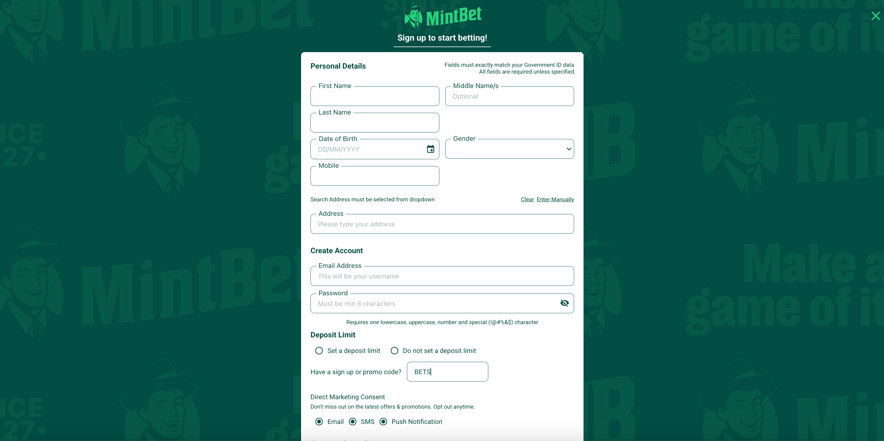 MintBet Sign Up